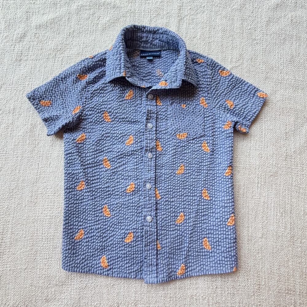 Andy & Evan Blue Short Sleeve Orange Print Seersucker Button Down Shirt VGUC 5